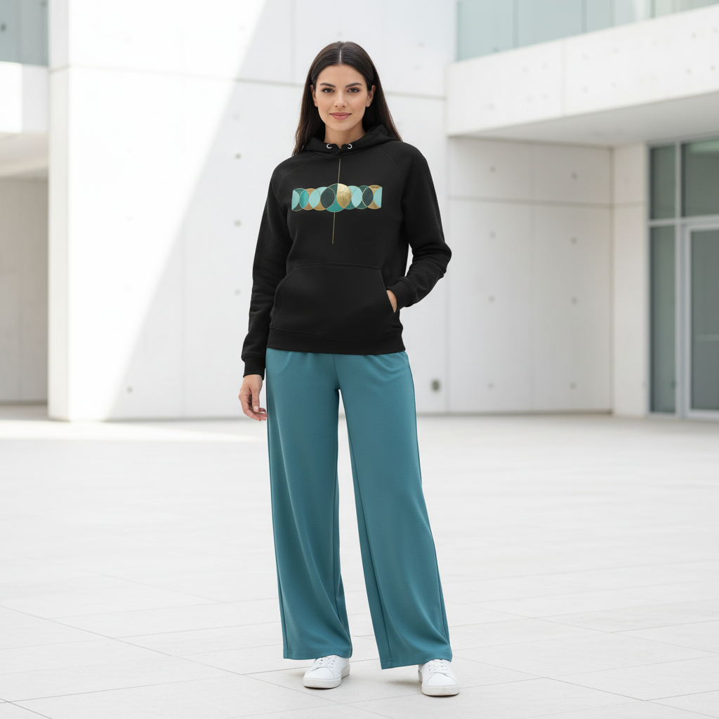 Woman wearing black hoodie with teal and gold design paired with teal trousers in modern urban setting