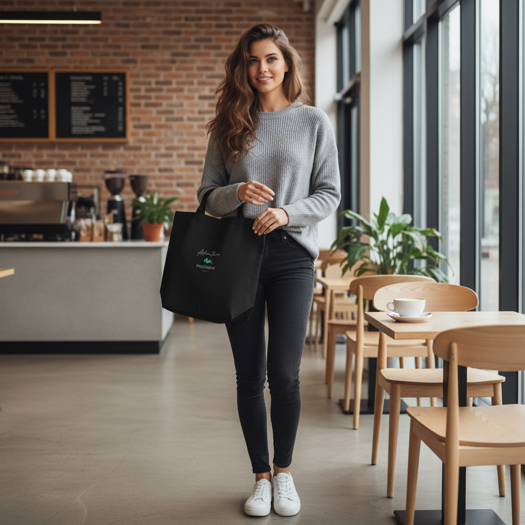 Woman with black Adventure Freedom Travel tote bag in coffee shop