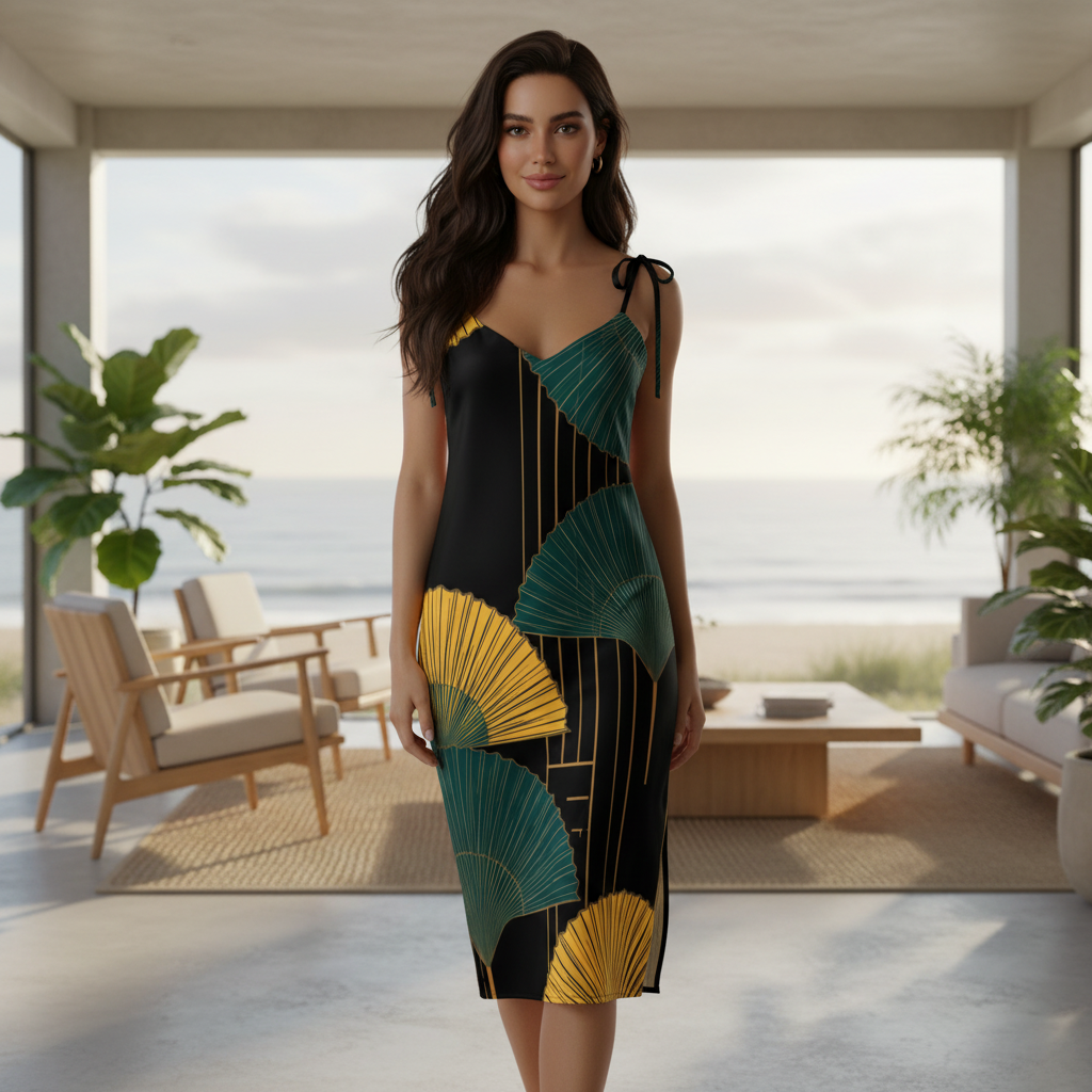 Woman with long hair in black slip dress with teal and gold fans in coastal zen room