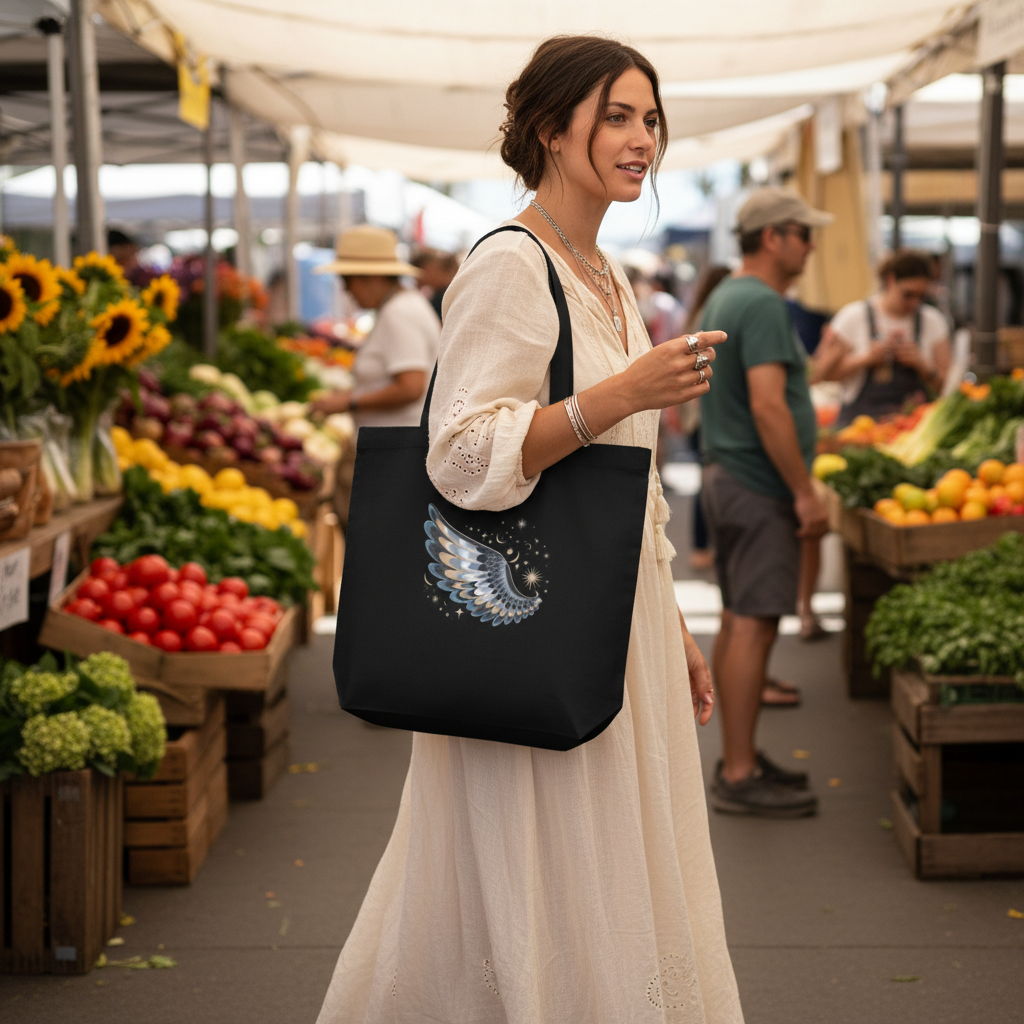 Woman with Night Wing tote bag at coastal farmers market