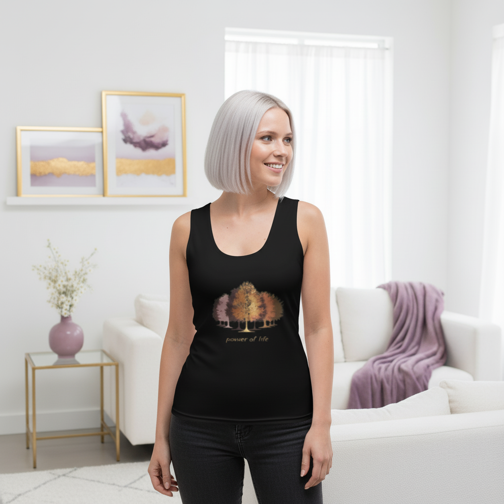 Woman with platinum blonde bob in black tank top with artistic tree design and jeans in elegant interior