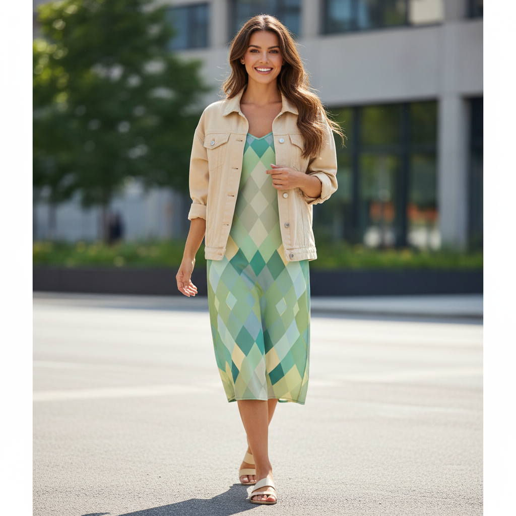 Women's turquoise cream geometric slip dress with cream denim jacket sandals urban park city street casual layered summer outfit