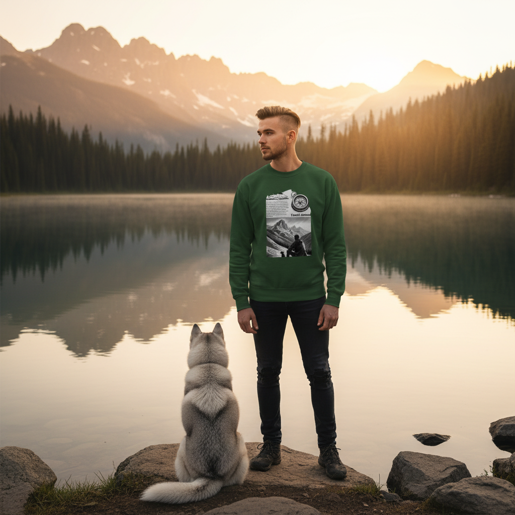 Young man forest green Travel Journal sweatshirt mountain lake with husky