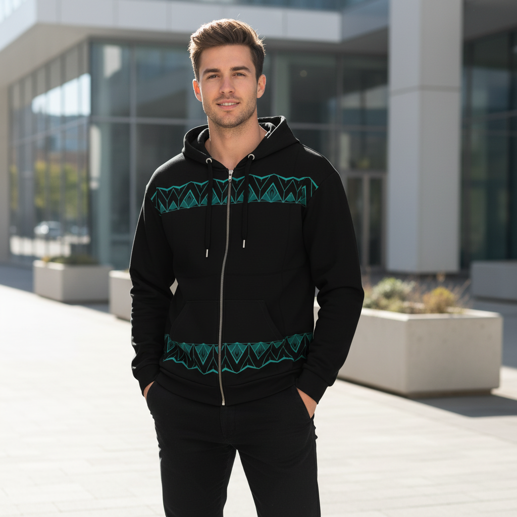 Young man in emerald geometric hoodie urban style
