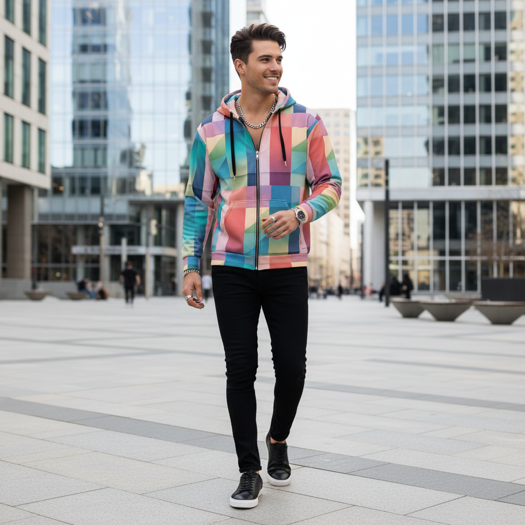 Young man in vibrant colorful zip hoodie with all-black outfit