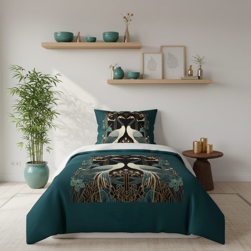 Zen bedroom with twin bed crane birds bedding and shelves